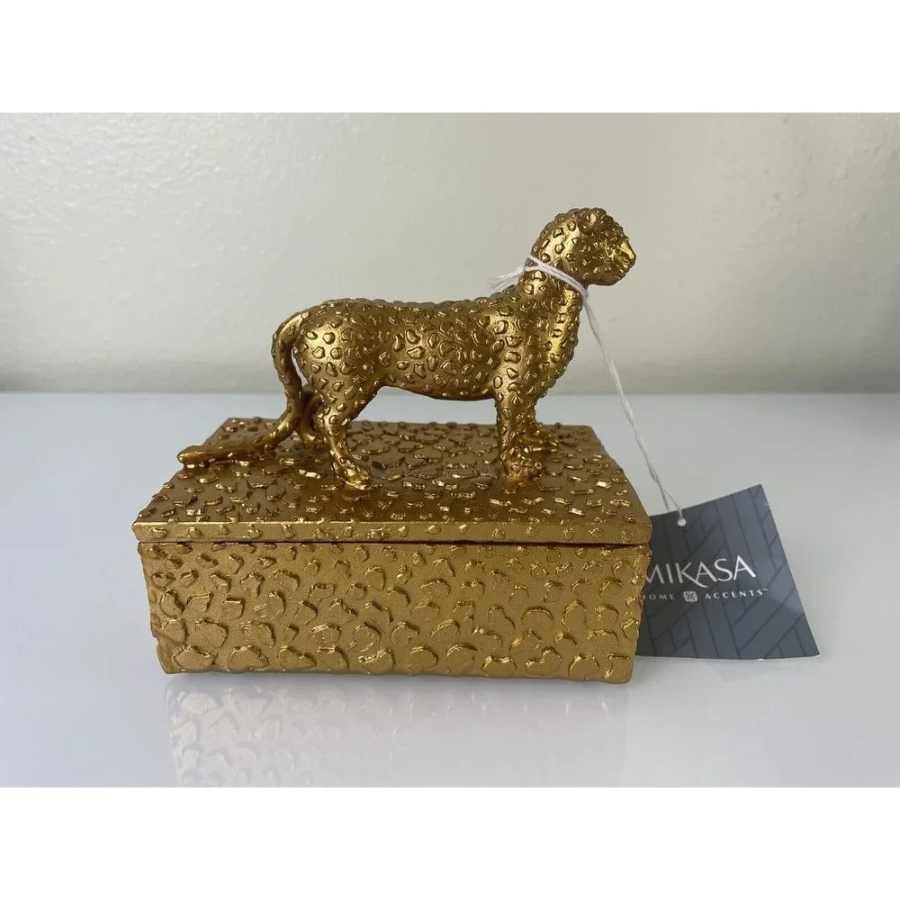 Mikasa Home Accents Leopard Gold Resin Trinket Jewelry Lidded Box, Decor